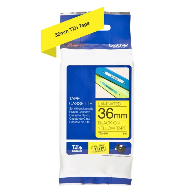Cinta Brother Tze661 Texto Negro Sobre Fondo Amarillo 36Mm X 8Mts. Laminada - TZE661
