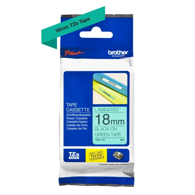 Cinta Brother Tze741 Texto Negro Sobre Fondo Verde 18Mm X 8Mts. Laminada - TZE741