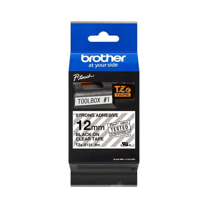 Cinta Brother TZES131 - Texto Negro sobre Fondo Transparente -  12mm x 8mts - Súper Adhesiva - TZES131