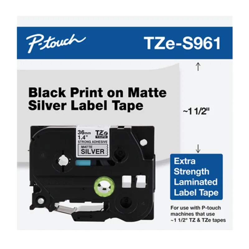 Cinta Brother TZES961 - Texto Negro Sobre Fondo Plateado - 36mm x 8mts - TZES961