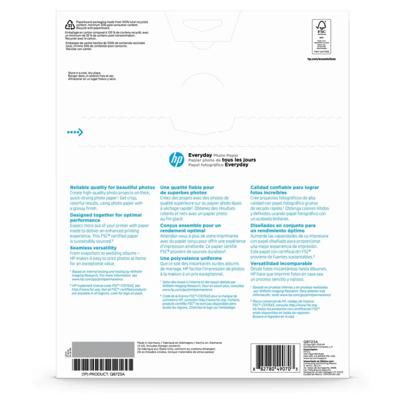 Papel Fotográfico HP Everyday – Semi Gloss – 8.5×11 – Q8723A