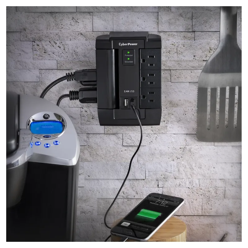 Supresor de Picos CyberPower - 6 Contactos - 2x USB - 1200 Joules - P600WSURC1