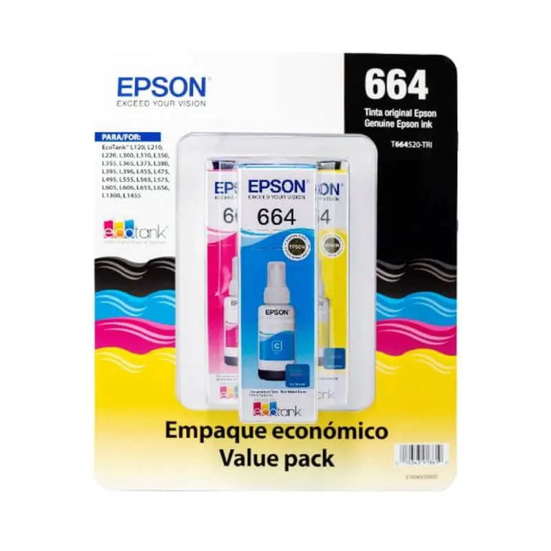 Tinta Epson T664 - 3 Botellas - Cian - Magenta - Amarillo - 70ML - T664520-3P