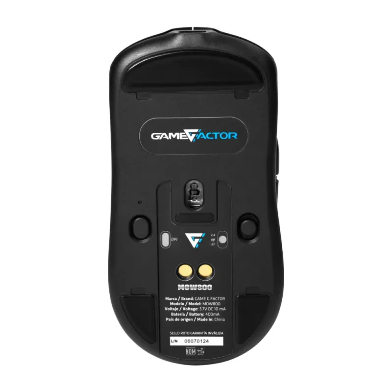 Mouse Inalámbrico Game Factor MOW800 - Wireless 2.4G BT - Pixart 3395 - 26,000 DPI - 4K Hz - Base RGB - Ultraligero 56g - Negro - MOW800-BK