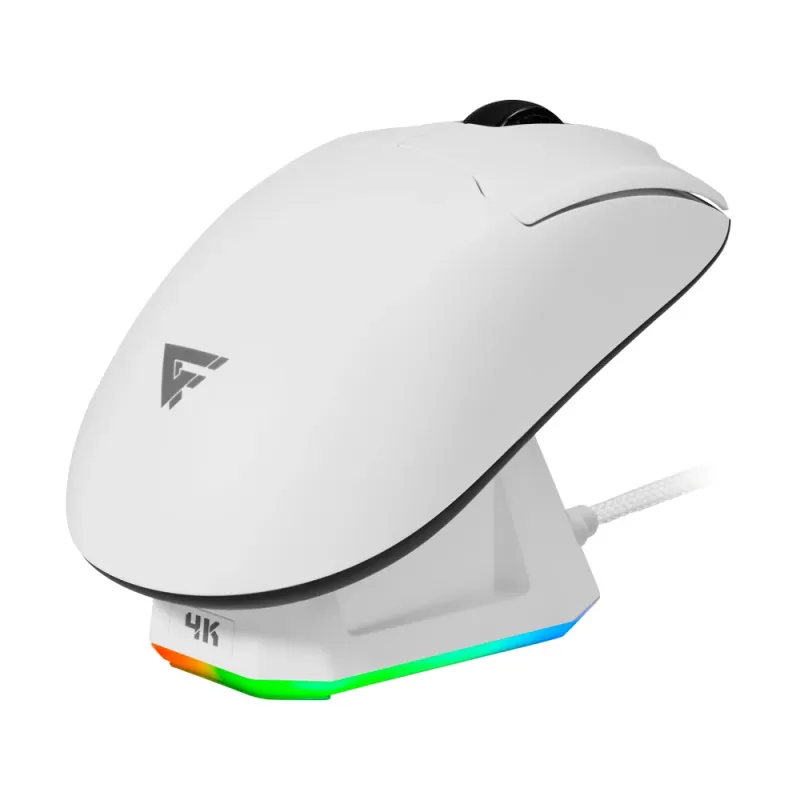 Mouse Inalámbrico Game Factor MOW800 - Wireless 2.4G BT - Pixart 3395 - 26,000 DPI - 4K Hz - Base RGB - Ultraligero 56g - Blanco - MOW800-WH