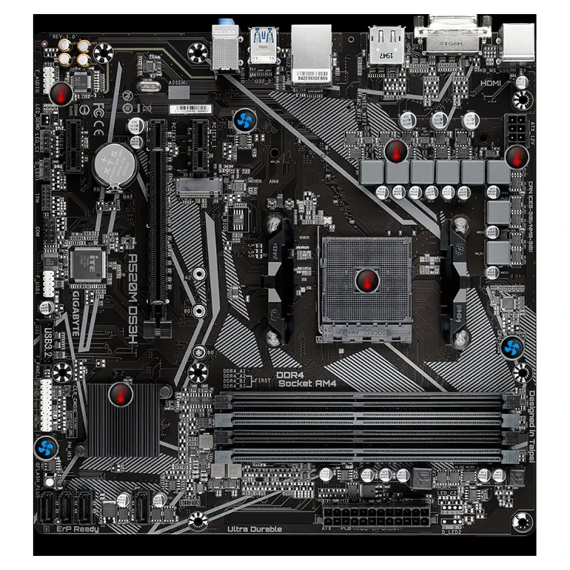 Tarjeta Madre Gigabyte A520M DS3H - Socket AM4 - 4x DDR4 - 2133/3200/4400(O.C.) MHz - HDMI - DVI-D - M.2 - USB 2.0/3.2 - Micro ATX - A520M DS3H