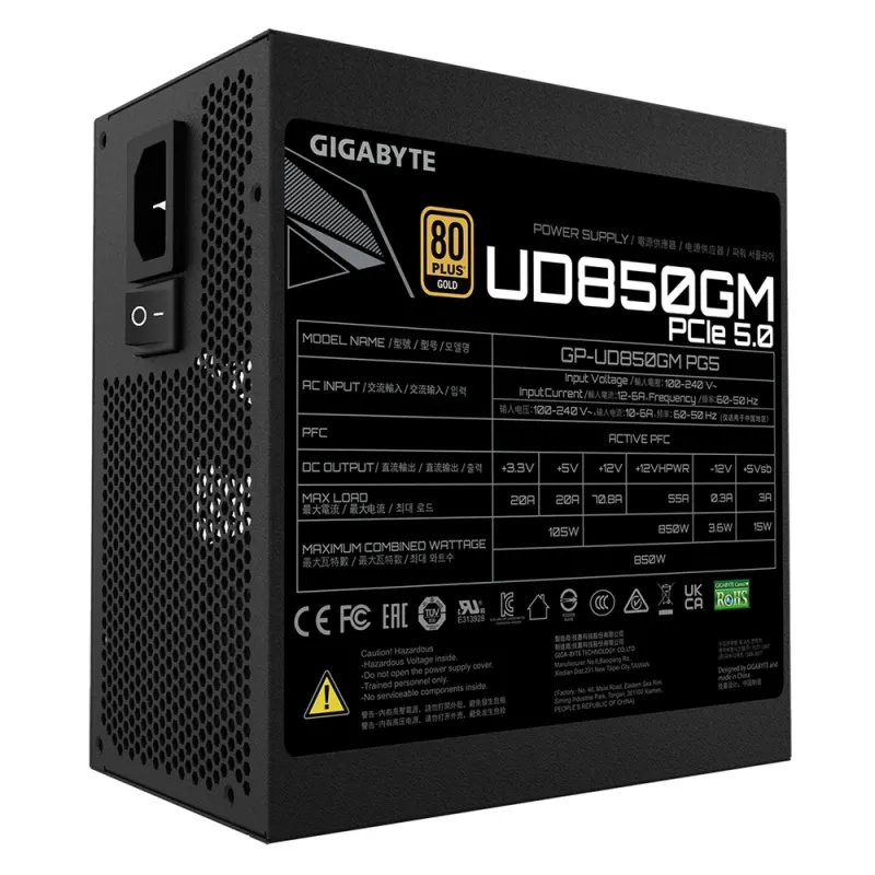 Fuente de Poder Gigabyte UD850GM PG5 - 850W - ATX - 20+4 Pin - 8x SATA - 80 Plus GOLD - GP-UD850GM PG5