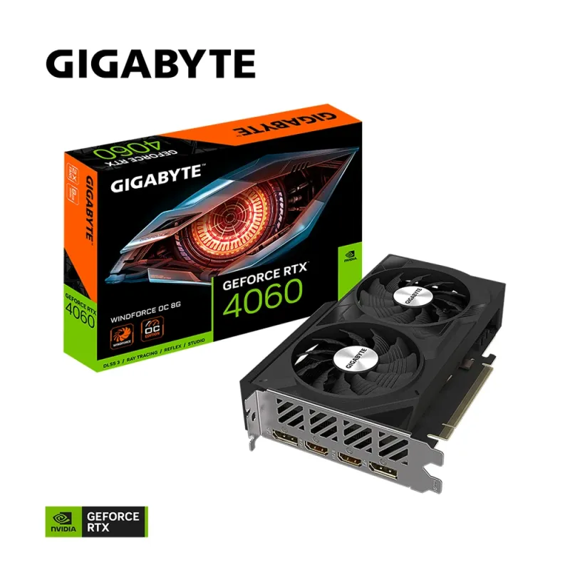 Tarjeta de Video Gigabyte GeForce RTX 4060 WINDFORCE OC 8G - 8GB - 128-bit - PCI-E 4.0 - GDDR6 - HDMI - DisplayPort - GV-N4060WF2OC-8GD