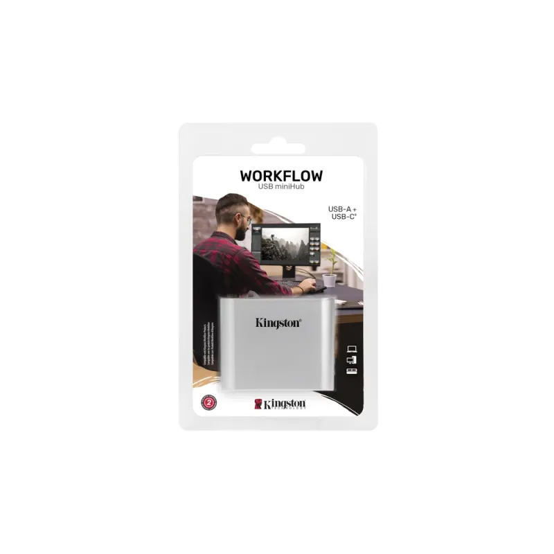 Lector de Memorias Kingston Workflow USB miniHub - 1x USB-A - 1x USB-C - Negro con Plata - WFS-USB