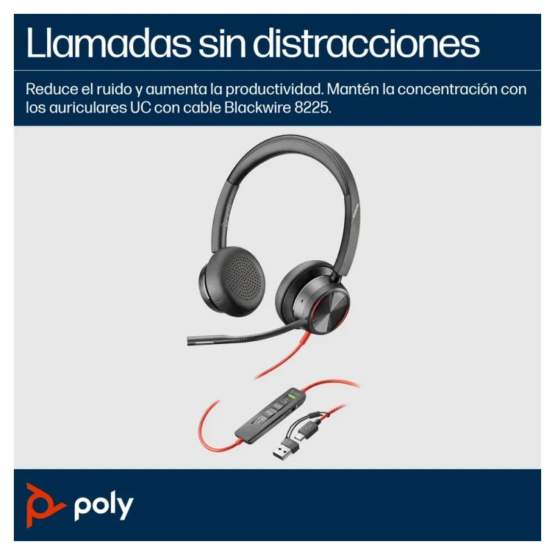 Diadema Poly Blackwire 8225 - Alámbrico - USB C/A - Micrófono - 8X223AA