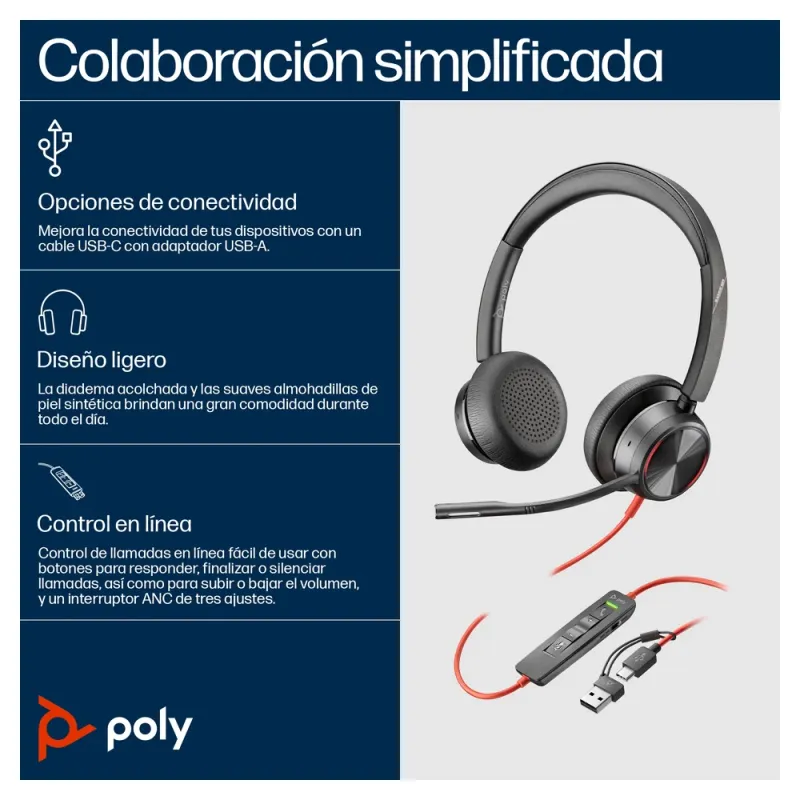 Diadema Poly Blackwire 8225 - Alámbrico - USB C/A - Micrófono - 8X223AA