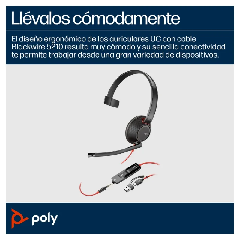 Diadema Poly Blackwire 5210 - Alámbrico - USB-C/A - Conector 3.5mm - Micrófono - 8X230AA