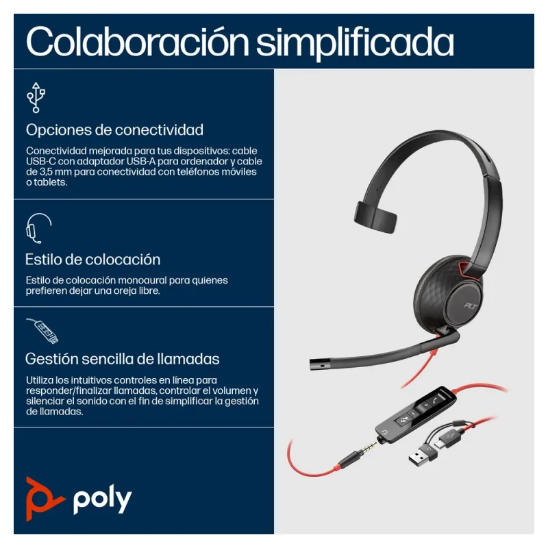 Diadema Poly Blackwire 5210 - Alámbrico - USB-C/A - Conector 3.5mm - Micrófono - 8X230AA