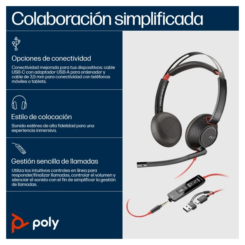 Diadema Poly Blackwire 5220 - Alámbrico - USB C/A - 3.5mm - Micrófono - Certificado para Microsoft Teams - 8X231AA