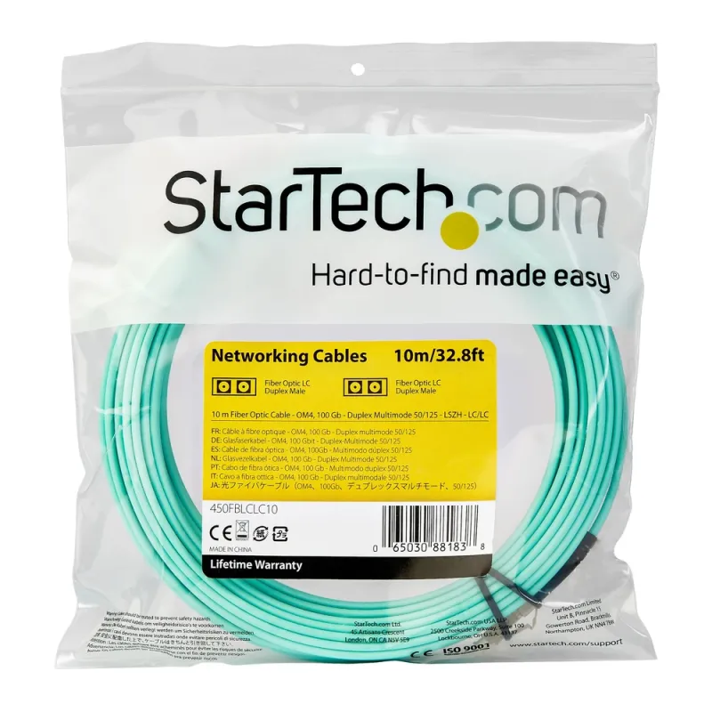 Cable de Fibra Óptica StarTech.com - LC - Dúplex - Multimodo - 10M - Aguamarina - 450FBLCLC10