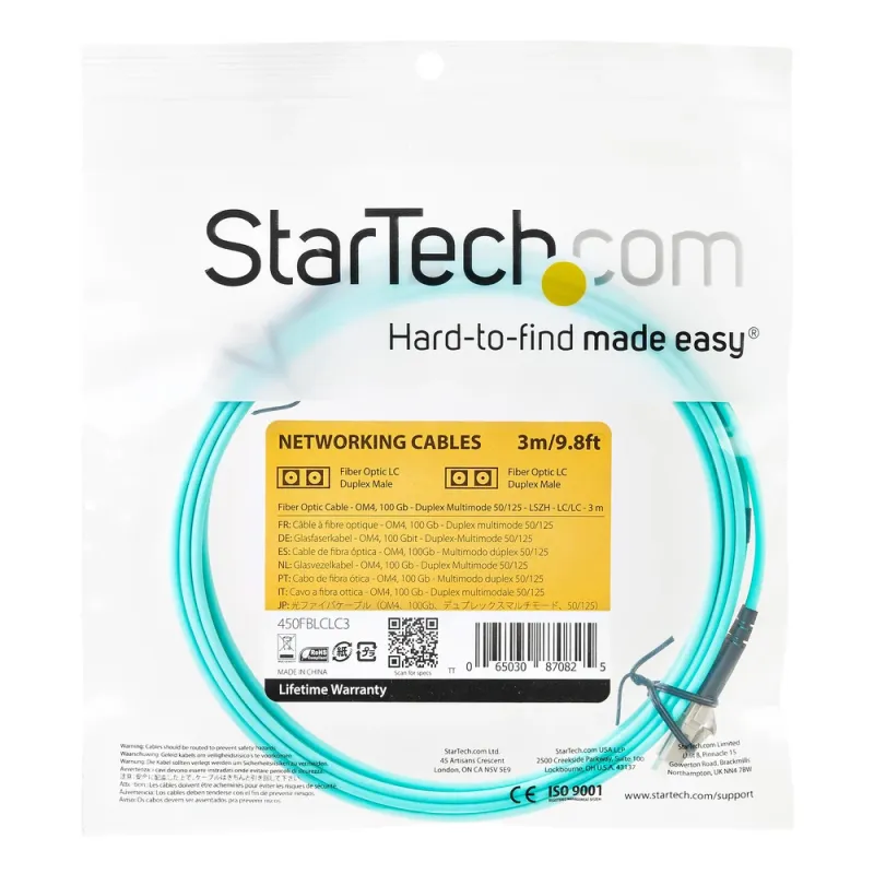 Cable de Fibra Óptica StarTech.com - LC - Dúplex - Multimodo - 3M - Aguamarina - 450FBLCLC3