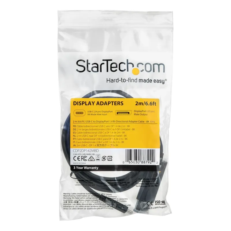 Cable Convertidor StarTech.com - USB-C a DisplayPort - Macho/Macho - Bidireccional - 2 mts - CDP2DP142MBD