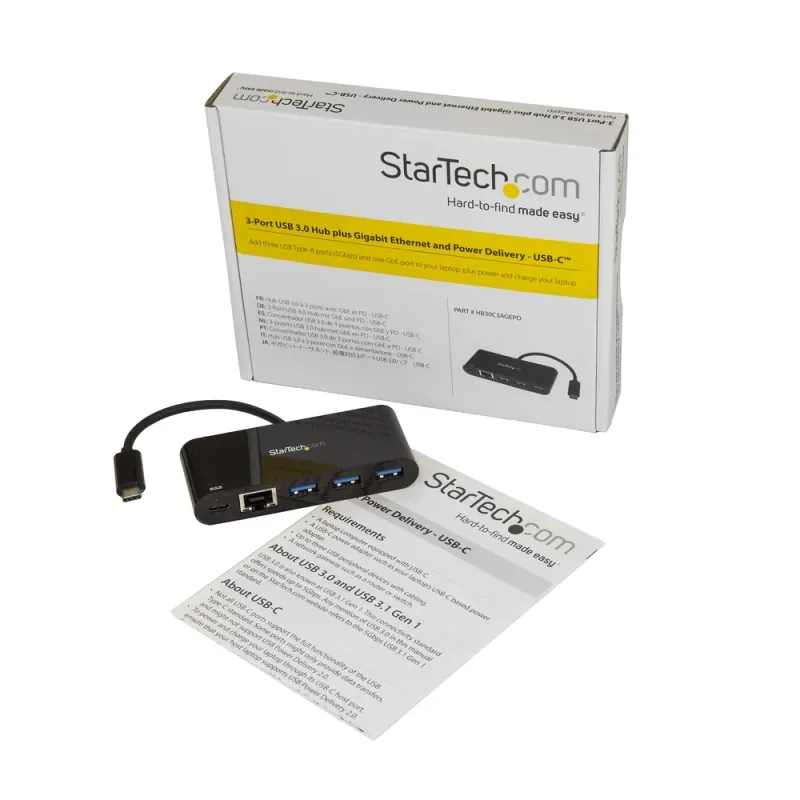Hub USB StarTech.com HB30C3AGEPD - 3 Puertos USB tipo C - USB 3.0 - RJ-45 - Negro - HB30C3AGEPD