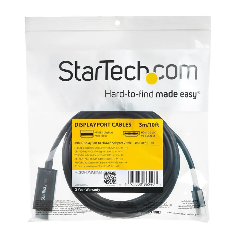 Cable Adaptador StarTech.com - Mini DisplayPort a HDMI - 3M - 4K - 30Hz - MDP2HDMM3MB
