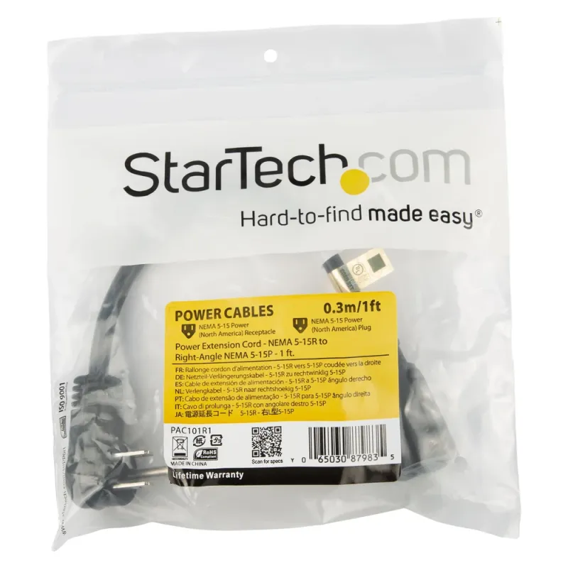 Cable de Poder StarTech.com PAC101R3 - 90cm - NEMA 5-15R a NEMA 5-15P - Acodado a la Derecha Macho - PAC101R3