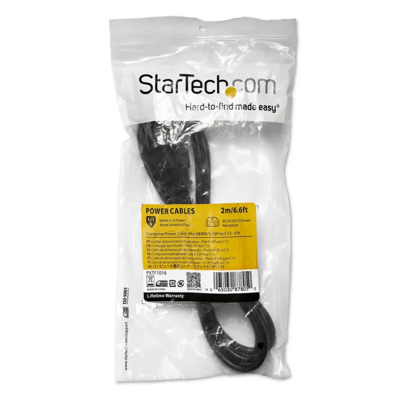 Cable de Alimentacion StarTech.com PXTF1016 - Plano - Nema 5-15p a C13 - 1.8m - PXTF1016