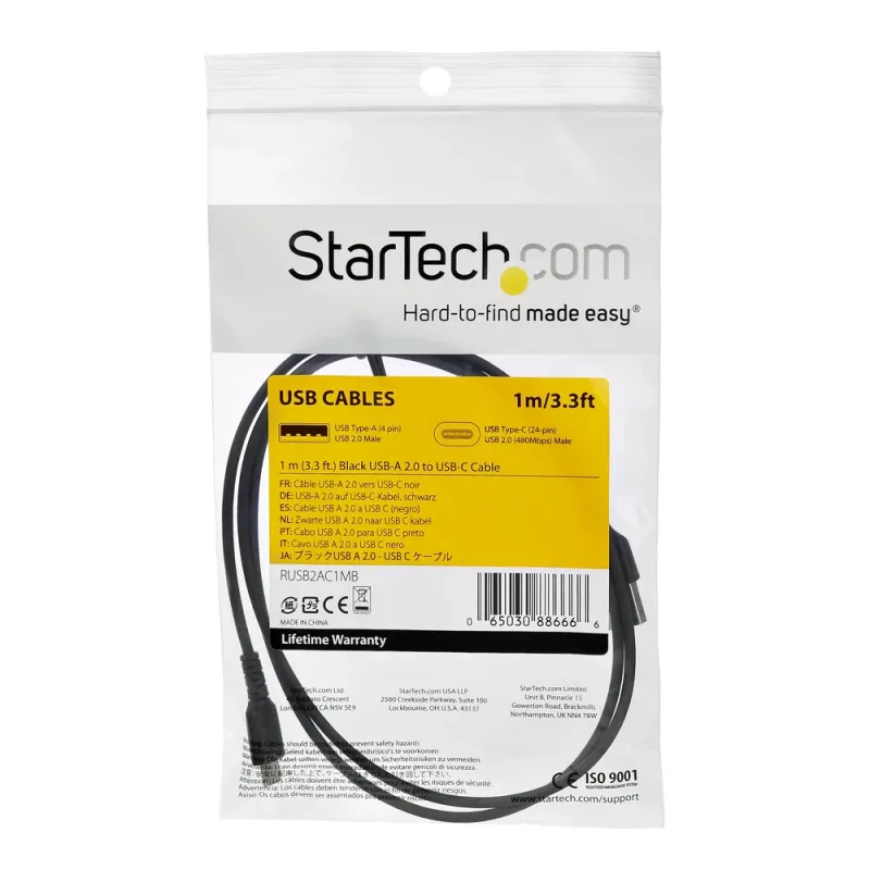 Cable USB StarTech.com RUSB2CC1MB - USB Tipo C - 1 M - Fibra Aramida - Negro - RUSB2CC1MB