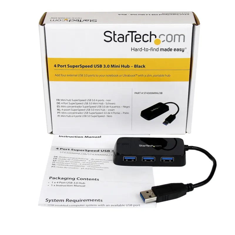 Adaptador StarTech.com Hub USB 3.0 Super Speed para Laptop de 4 Puertos - ST4300MINU3B