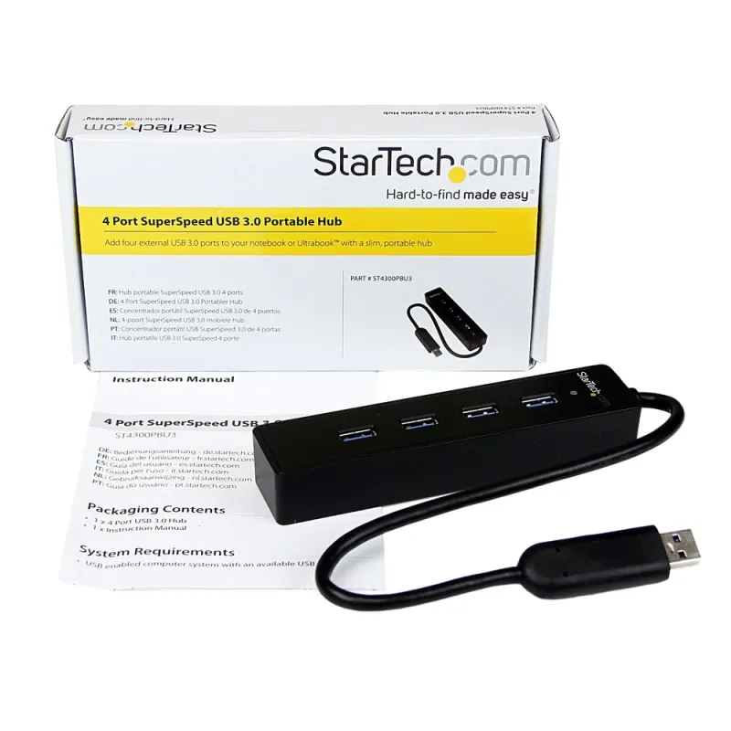 Adaptador StarTech.com Concentrador Hub USB 3.0 Super Speed Portátil de 4 Puertos Salidas - especialStartech.com - ST4300PBU3