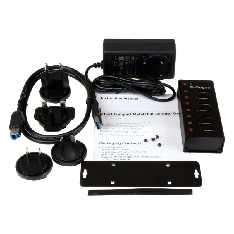 HUB USB StarTech.com ST7300U3M - 7 Puertos USB 3.0 - Caja Metálica - Sobremesa/Montaje en Pared - Negro - ST7300U3M