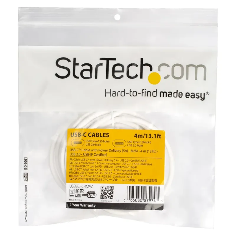 Cable StarTech.com USB2C5C4MW - USB-C - 4Mts - Blanco - USB2C5C4MW