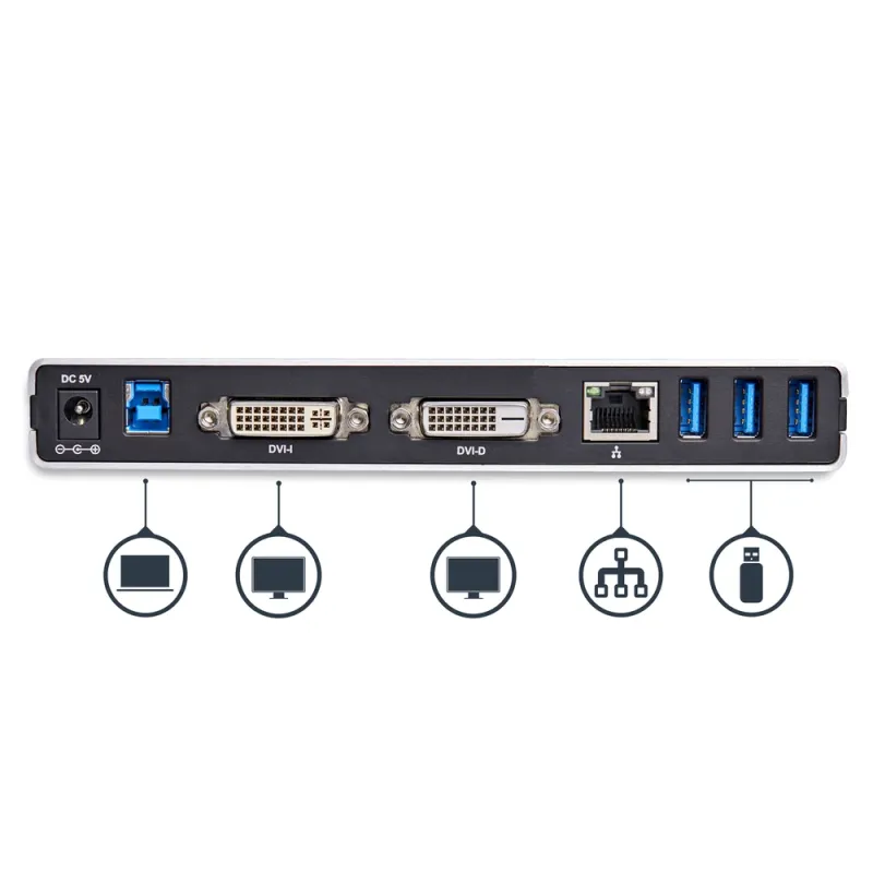 Docking Station StarTech.com USB3SDOCKDD - HDMI - VGA - DVI - Plata - USB3SDOCKDD