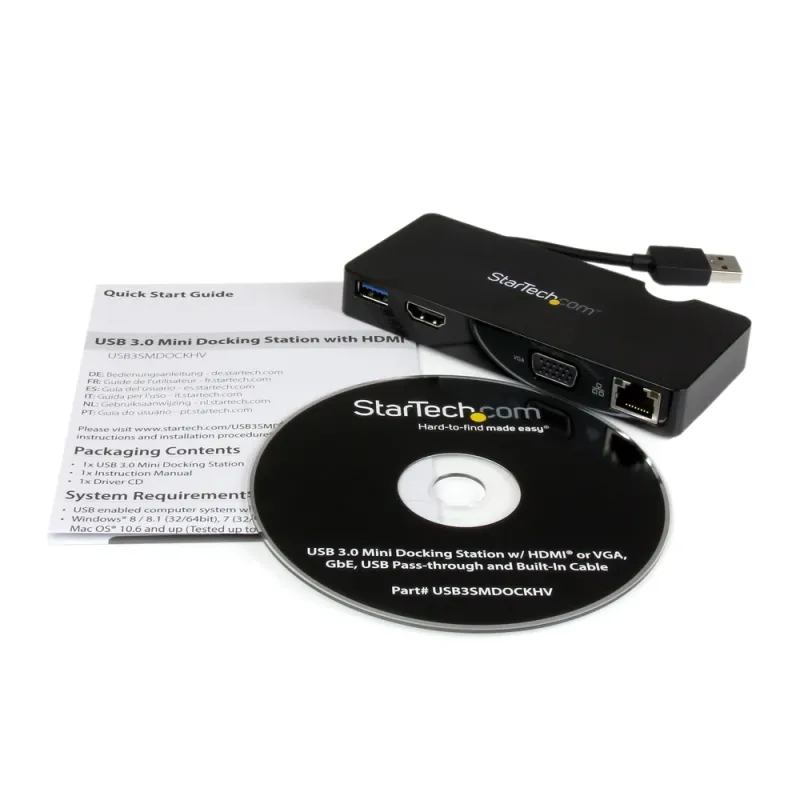 Mini Estación de Conexión StarTech.com - USB 3.0 con HDMI o VGA, Ethernet Gigabit y USB - USB3SMDOCKHV