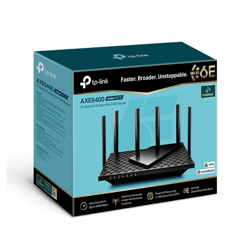 Router TP-LINK Archer AX75 - 2.4/5/6 GHz - 574/2402/2402 Mbit/s - 5x RJ-45 - 6 Antenas - ARCHER AXE75