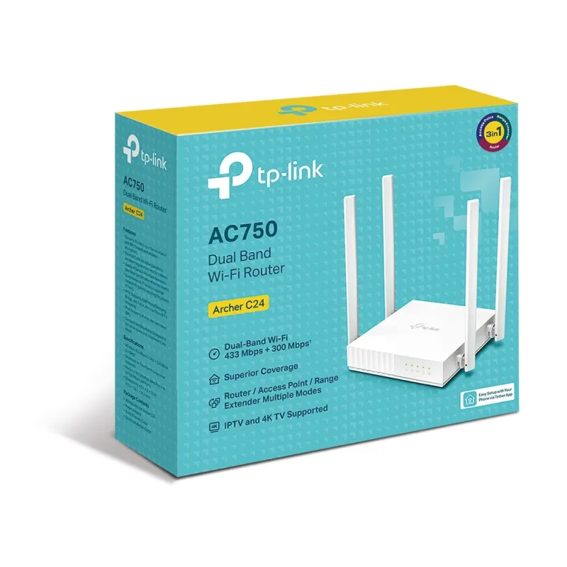 Router TP-LINK ARCHER C24 - 2.4/5 GHz - 300 Mbps - 4x RJ-45 - 4 Antenas  - ARCHER C24