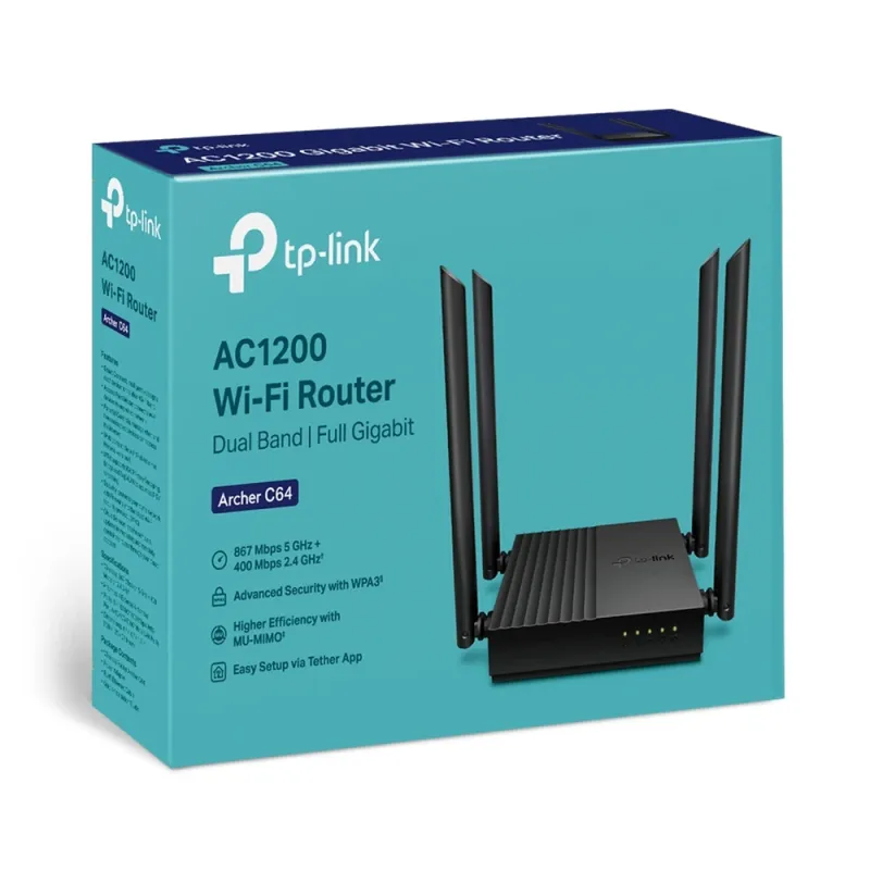 Router TP-LINK ARCHER C64 - 2.4/5GHz - 400/867 Mbps - 4x RJ-45 - 4 Antenas - Archer C64