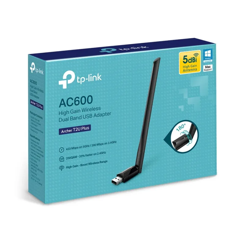 Adaptador Inalámbrico TP-LINK ARCHER T2U PLUS - USB 2.0 - 2.4-5 GHz - Negro - ARCHER T2U PLUS