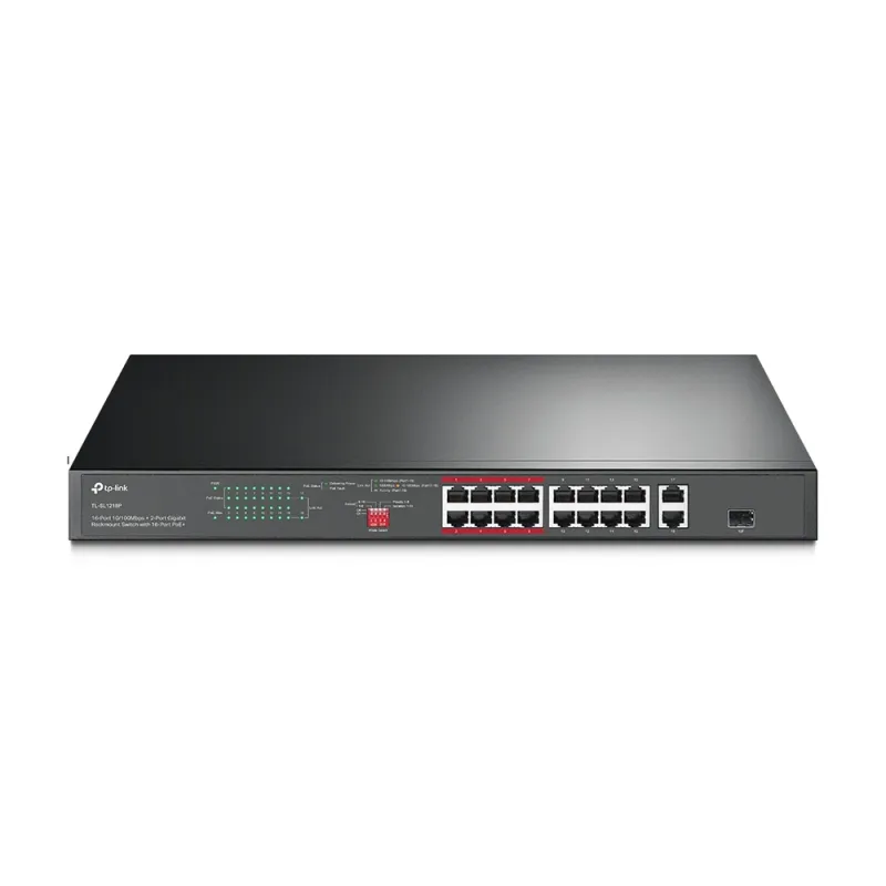 Switch TP-LINK TL-SL1218P - 16 Puertos - Fast Ethernet - PoE+ - 2 Puertos - Gigabit - 1 SFP - No Gestionado - TL-SL1218P