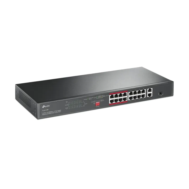 Switch TP-LINK TL-SL1218P - 16 Puertos - Fast Ethernet - PoE+ - 2 Puertos - Gigabit - 1 SFP - No Gestionado - TL-SL1218P