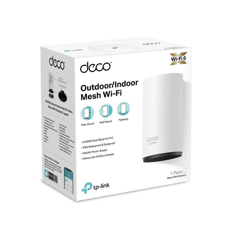 Sistema Wi-Fi TP-LINK Deco X50-Outdoor - 2.4/5 GHz - 754/2402 Mbps - 2x RJ-45 - Deco X50-Outdoor(1-Pack)