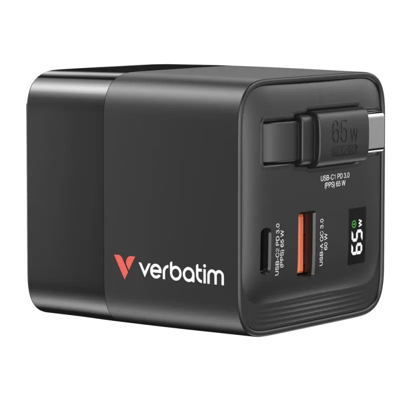 Cargador Verbatim GaN Charger - USB-A - USB-C - Cable Retráctil - 32217