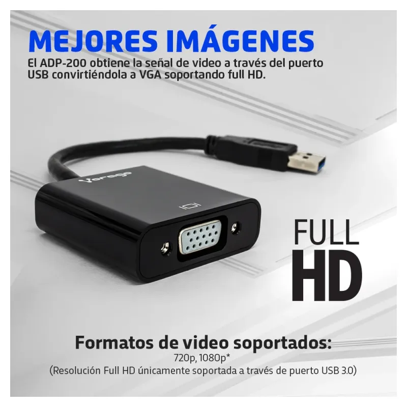 Adaptador Vorago Adp 200 Usb Macho A Vga Hembra Full Hd Negro - ADP-200