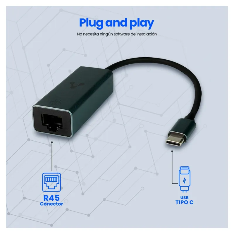 Adaptador Vorago ADP-210 - USB-C a Ethernet - Negro - ADP-210