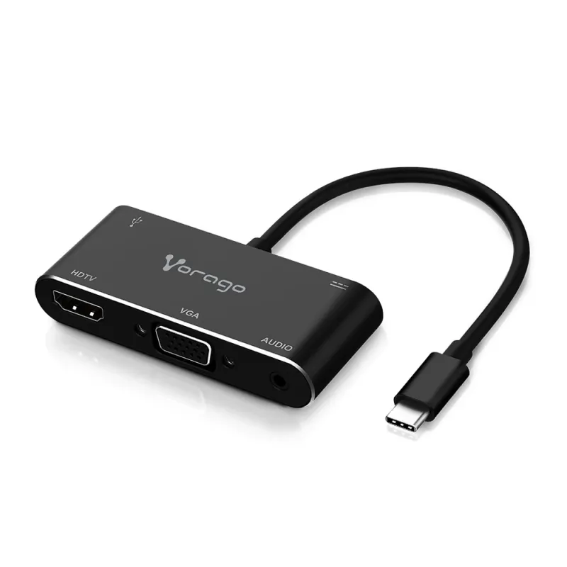 Adaptador Vorago ADP-350 - USB C a HDMI, VGA, 3.5mm, USB 3.0 y USB Tipo C - Negro - ADP-350