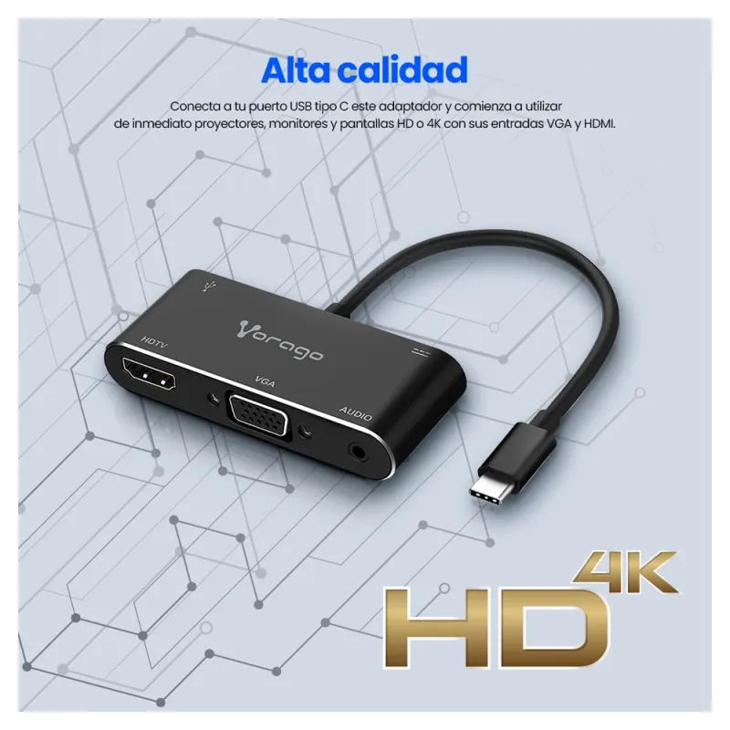 Adaptador Vorago ADP-350 - USB C a HDMI, VGA, 3.5mm, USB 3.0 y USB Tipo C - Negro - ADP-350