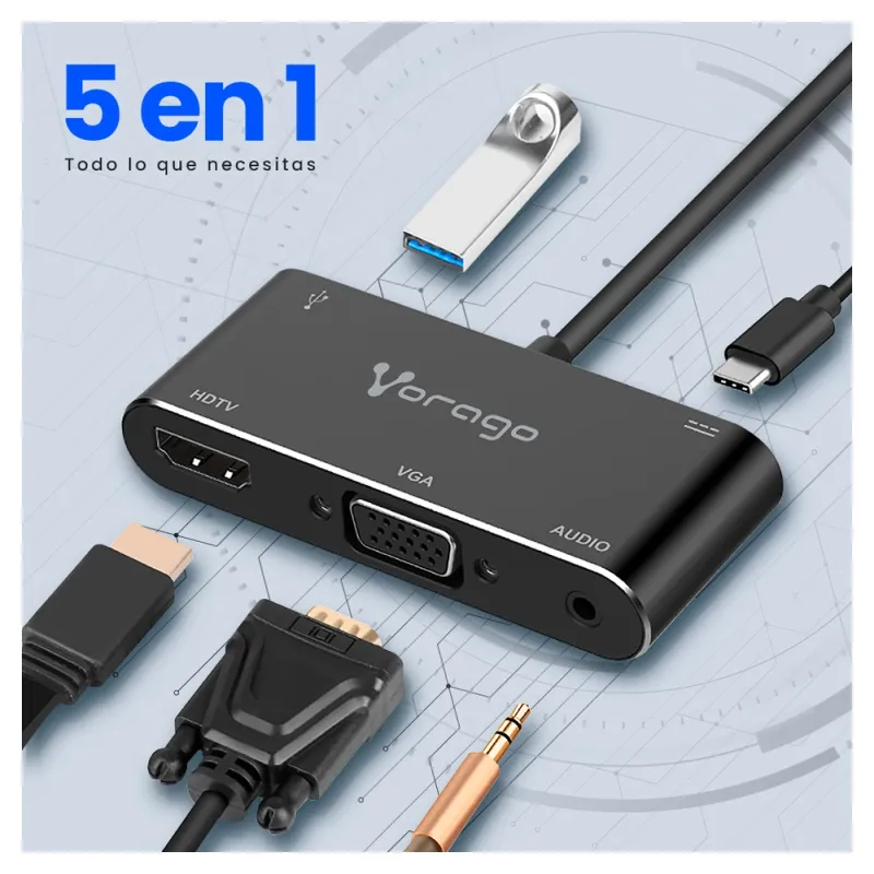 Adaptador Vorago ADP-350 - USB C a HDMI, VGA, 3.5mm, USB 3.0 y USB Tipo C - Negro - ADP-350