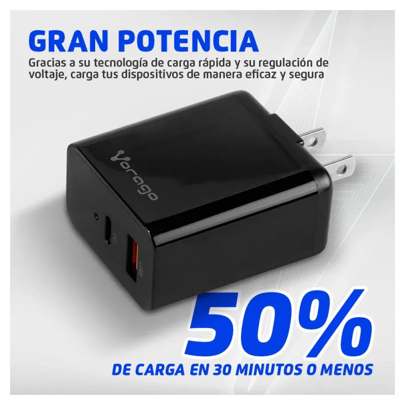 Cargador de Pared Vorago AU-350 - USB 3.0 - USB-C - Negro - AU-350-BK