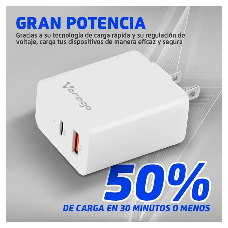 Cargador de Pared Vorago AU-350 - USB 3.0 - USB-C - Blanco - AU-350-WH