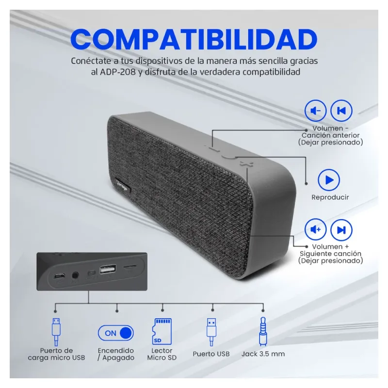 Bocina Vorago Bsp 150 Bluetooth / Msd / Usb / 3.5Mm Tela Gris - BSP-150 GRY