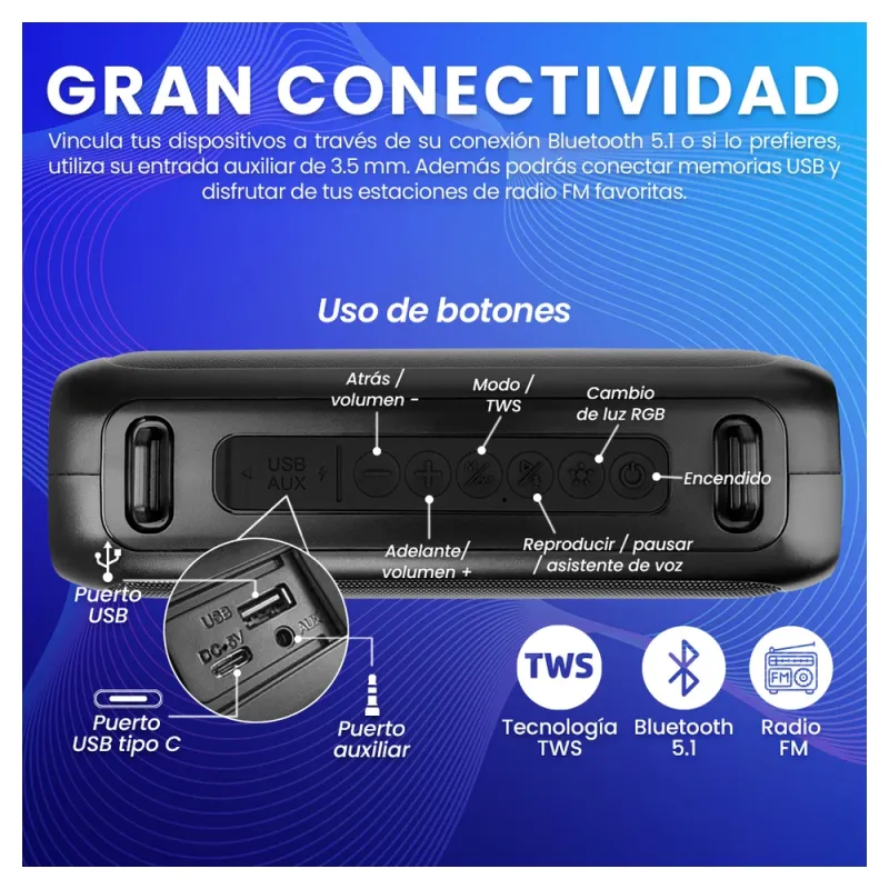 Bocina Portátil Vorago BSP-260 - Bluetooth - 3.5mm - RGB - BSP-260