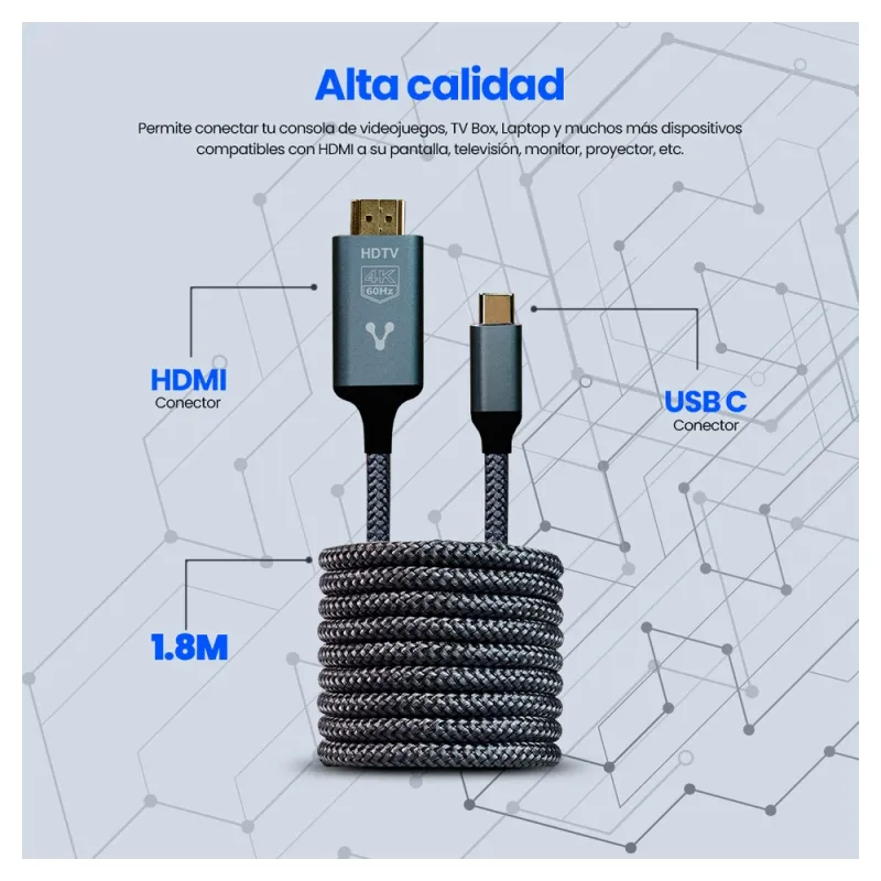 Cable Vorago CAB-310 - USB-C a HDMI - 1.8m - Negro - CAB-310